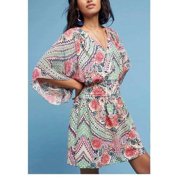 Anthropologie Maeve Siya Kimono Mini Dress Ruched Waist Floral Feminine Sz: 0 - Picture 5 of 15
